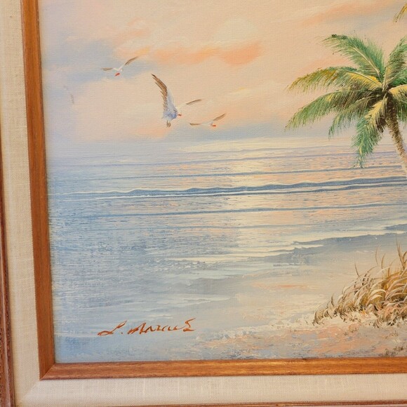 Vintage Hand Oil Painted Signed Pastel Beach Scene Framed Picture - Picture 8 of 10